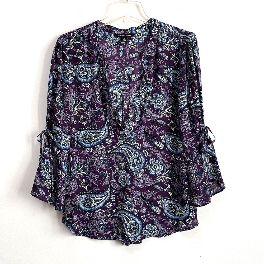 41Hawthorn Trina Popover Top L Purple Paisley Tie Sleeve Deep V Neck Peasant